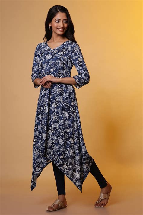 Buy Blue Floral Printed Asymmetrical Kurta and Leggings Set Online for ...