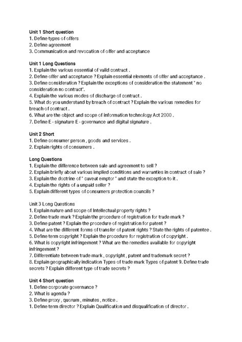 B.law imp - Unit 1 Short question Define types of offers Define ...