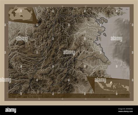 Kalimantan Utara, province of Indonesia. Elevation map colored in sepia ...