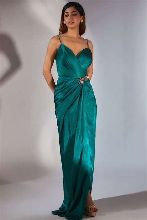 Teal Green Embroidered Draped Dress with Ombre Scarf – Masumi Mewawalla