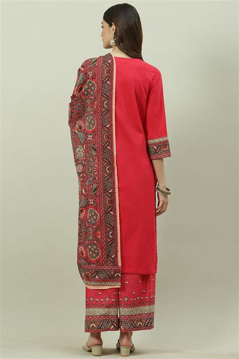 Red Cotton Straight Kurta Palazzo Suit Set at Biba India