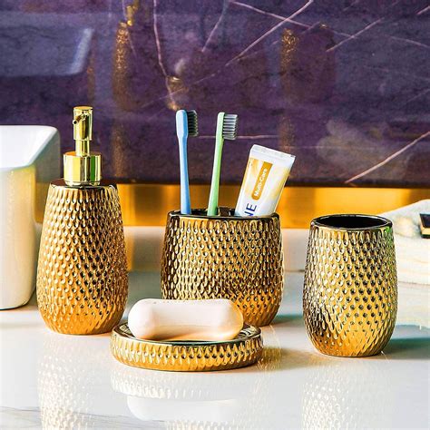 Buy Gold Bathroom Accessory Set 4 Piece Ceramic Bath Accessories Sets ...