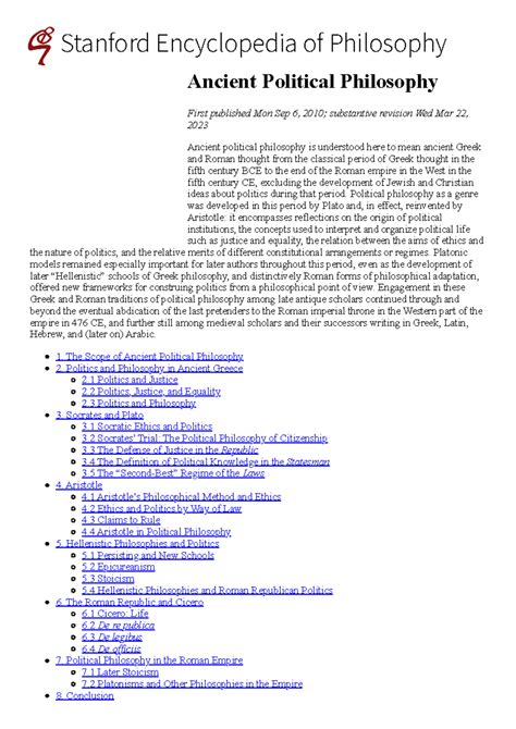 Ancient Political Philosophy (Stanford Encyclopedia of Philosophy ...