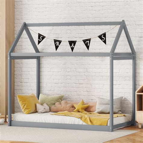 Twin House Bed, Wood Montessori Bed Frame with House Roof Canopy, Low ...