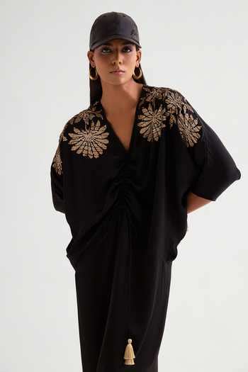 Buy Black Satin Sequins V-neck Asymmetric Embellished Kaftan Dress For ...