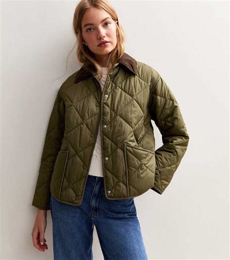 Khaki Corduroy Collar Quilted Jacket | New Look
