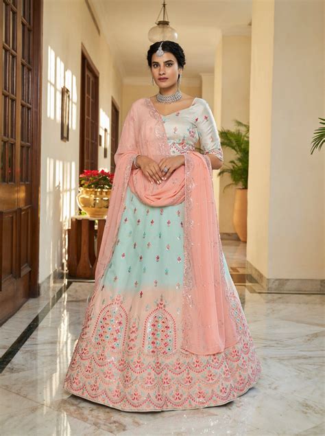 Sky Blue Peach Thread and Sequins Embroidered With Mirror Wo