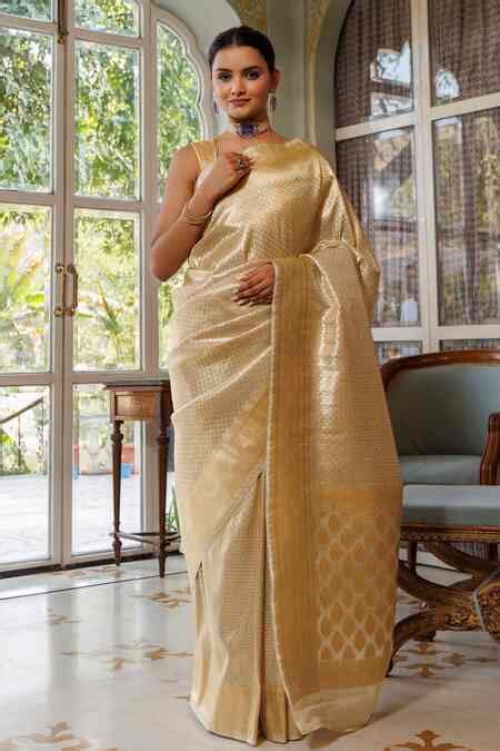 Buy Gold Silk Zari Bloom Woven Banarasi Saree With Unstitched Blouse ...