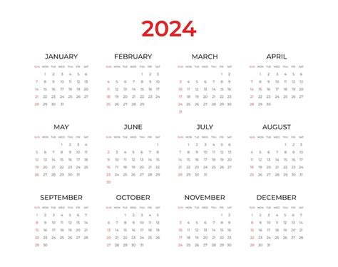 Kalender 2024 eenvoudig minimaal ontwerp Week begint op zondag Planner ...