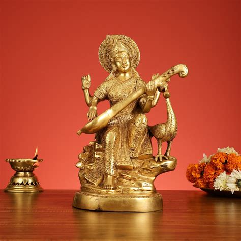 Brass Goddess Saraswati Seated on Swan Idol - 15 Inch – Budhshiv.com