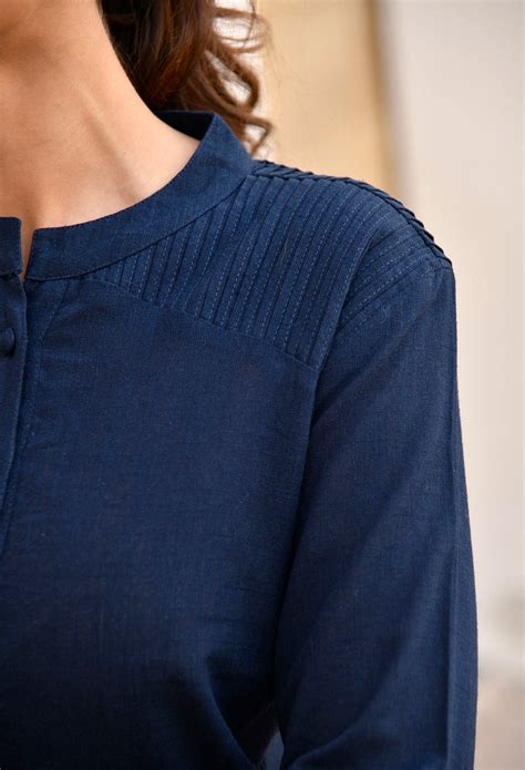 Navy Blue Long Pintuck Cotton Kurta for Women | Available Now – PinkBloom