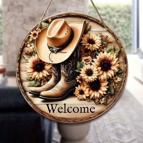 7.9"X7.9" Round Wooden Cowboy Welcome Sign, Decorative Wall Plaque With ...