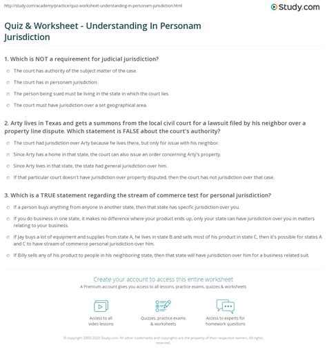 Quiz & Worksheet - Understanding In Personam Jurisdiction | Study.com