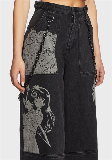Dolls Kill x Inuyasha Wide Leg Graphic Twill Pants - Black