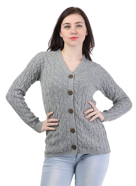 Buy Kalt Women Full Sleeves Cable Button Acrylic V-Neck Sweater(Grey ...