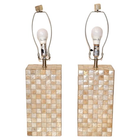 Pair, Mid-Century Modern Capiz Shell Over Wood Square Table Lamps For ...