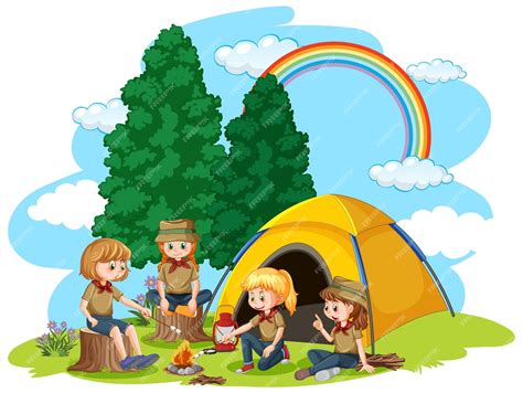 Free Vector | Happy kids at camping tent