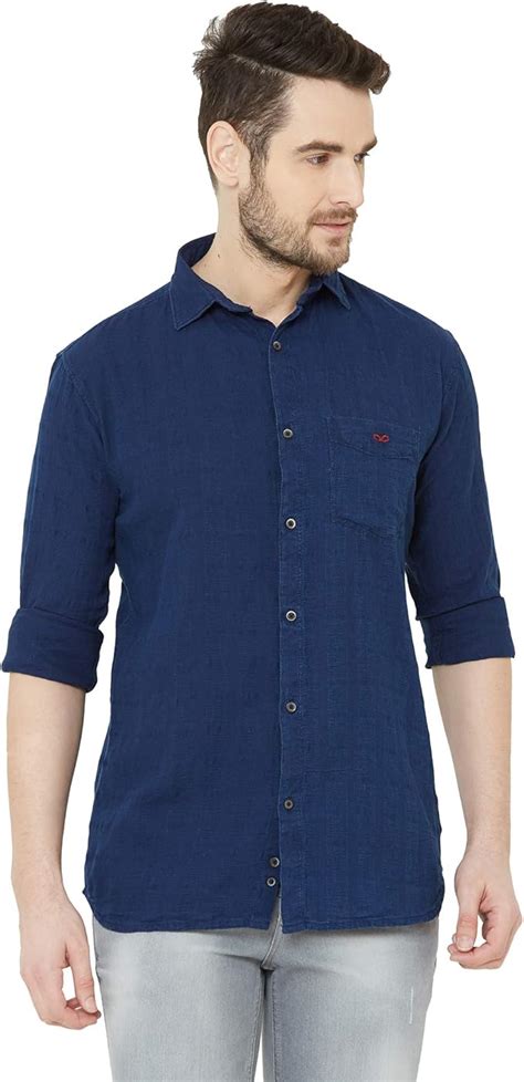 Buy Men Dark Blue Solid Denim Casual Shirt at Amazon.in