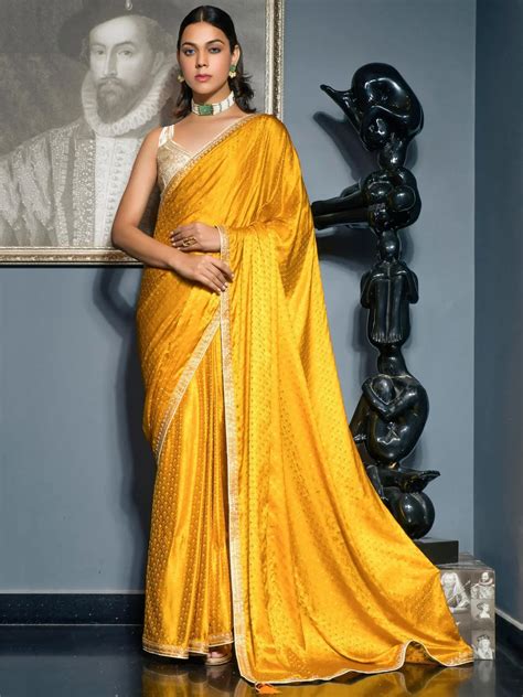 ⚡️Buy Attractive Yellow Zari Weaving Satin Haldi Wear Saree With Blouse ...