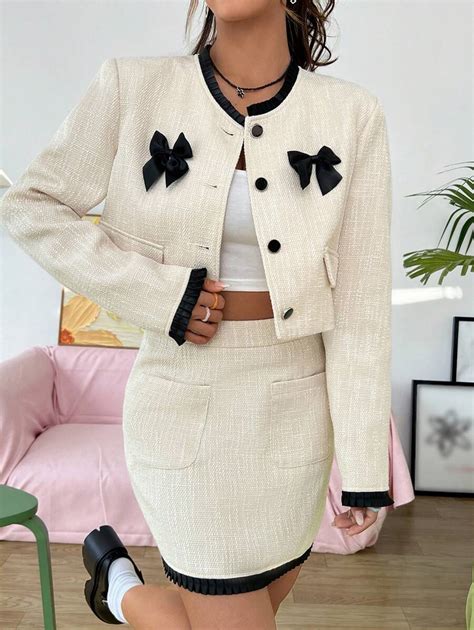 SHEIN MOD Bow-embellished Short Blazer And Skirt Suit | SHEIN USA
