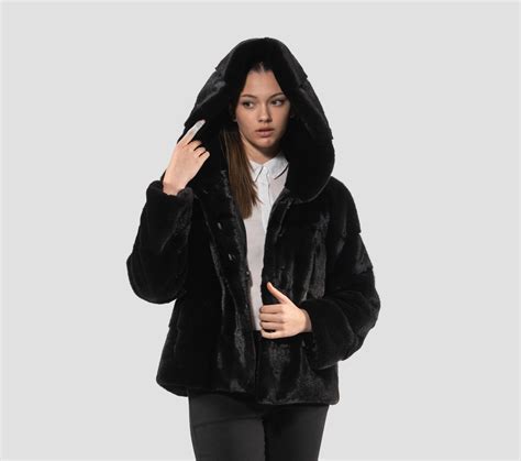 Horizontal Layer Black Mink Fur Jacket With Hood- 100% Real Fur - Horizontal Layers
