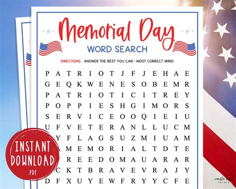 Memorial Day Word Search Game Printable Memorial Day Party | Etsy