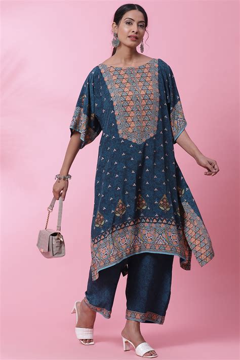 Teal Art Silk Kaftan Set at Biba India