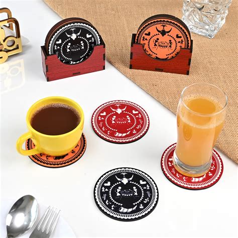 GKD Coaster Set of 12 Bastar Art Wooden Coasters with Proper Coaster ...