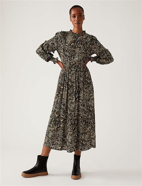 Buy Animal Print Round Neck Midi Waisted Dress at Marks & Spencer