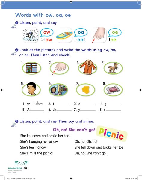 Look at the picture and write the words using ow, oa or oe. Then listen ...