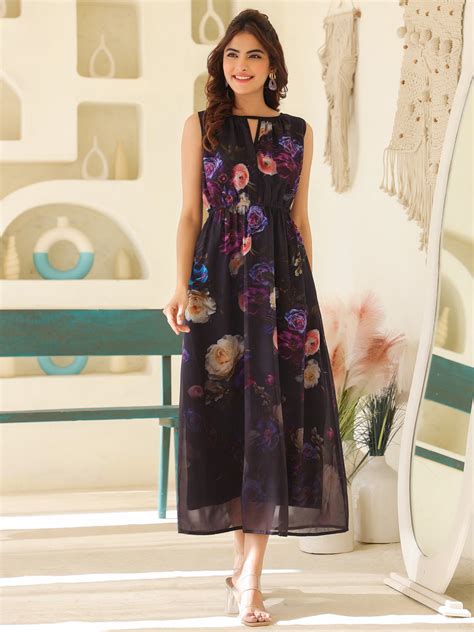 Janasya Women's Black Georgette Floral Printed Gathered Dress