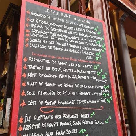 Menu at Bistrot Paul Bert restaurant, Paris