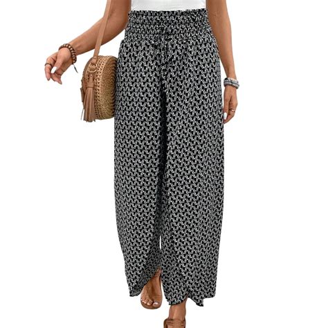 Defitshape Women's Palazzo Pants Wide Leg Trousers Side Split Travel ...