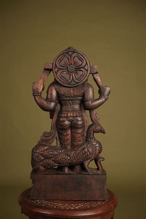 Handcrafted Wooden Lord Murugan Idol with Peacock – Shilpashastra