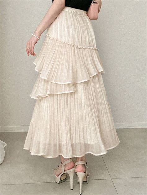 FRIFUL Women Apricot Pleated Ruffle Asymmetrical Skirt, Spring | SHEIN EUR