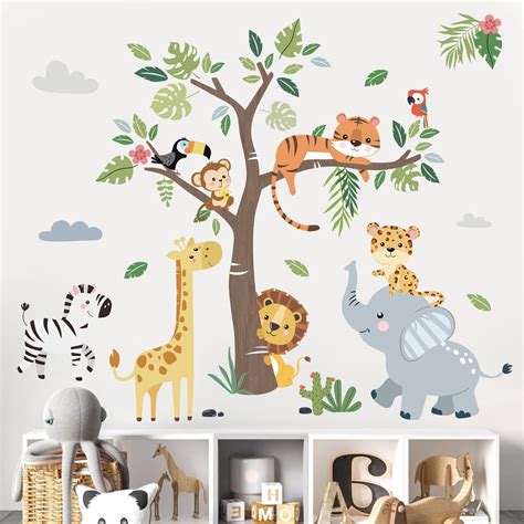 Amazon.com: decalmile Jungle Animals Tree Wall Decals Elephant Giraffe ...