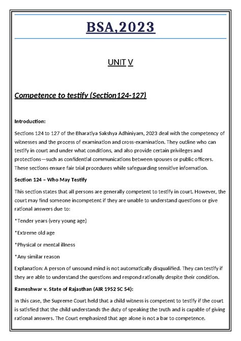 BSA, 2023 Unit V: Competency of Witnesses and Privileged Communications ...
