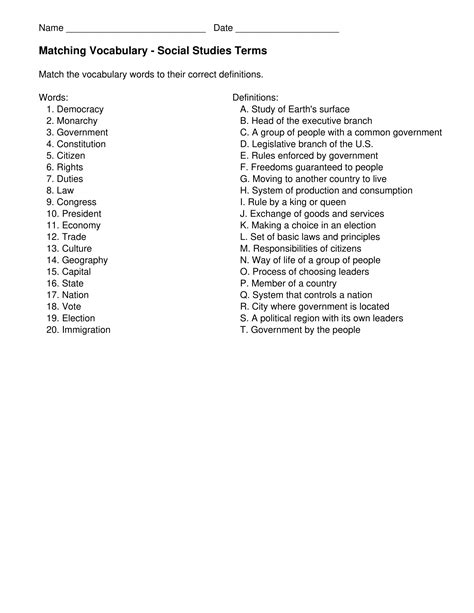 Matching and Learning Vocabulary Worksheets | Printable Vocabulary ...
