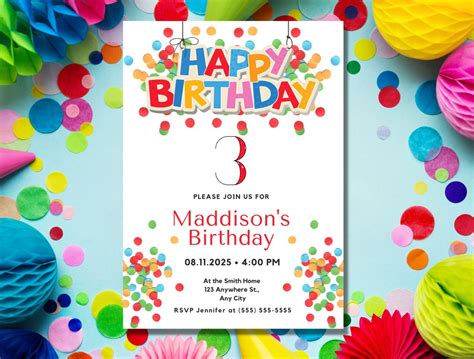 Buy Editable Confetti Invitation for 3rd Birthday, 3 Year Old Birthday ...