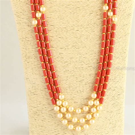 Buy Long Coral Colour Beads and Pearl Necklace Indian Jewelry Online in ...