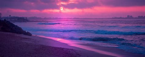 Download wallpaper 2560x1024 sea, sunset, waves, surf, shore, horizon ...