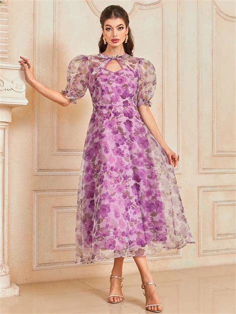 Modelyn 1pc Floral Print Puff Sleeve Organza Dress | SHEIN USA