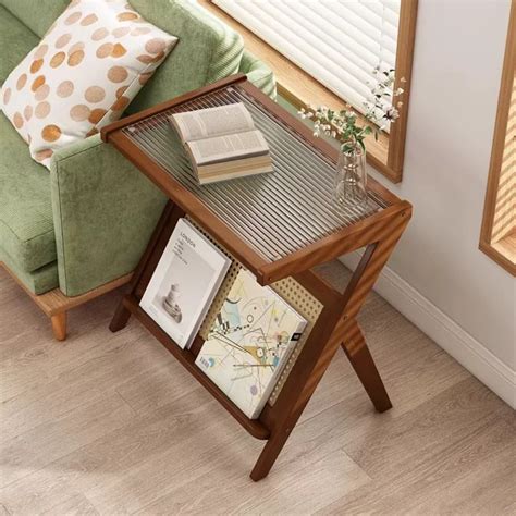 Elegant Z-Shape Boho Wooden Side Table with Toughened Glass Top ...