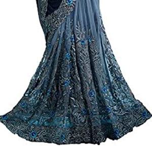Buy MySpace Women's Net Saree With Un-stitched Blouse (65003_Navy Blue ...