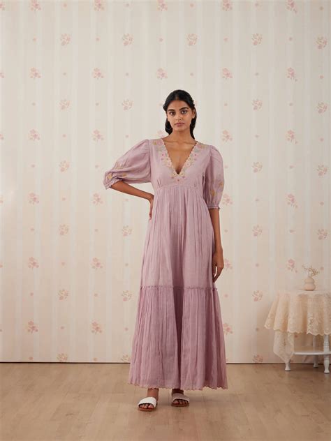 Lilac Marble Floral Embroidery Maxi Dress | Buna Studio