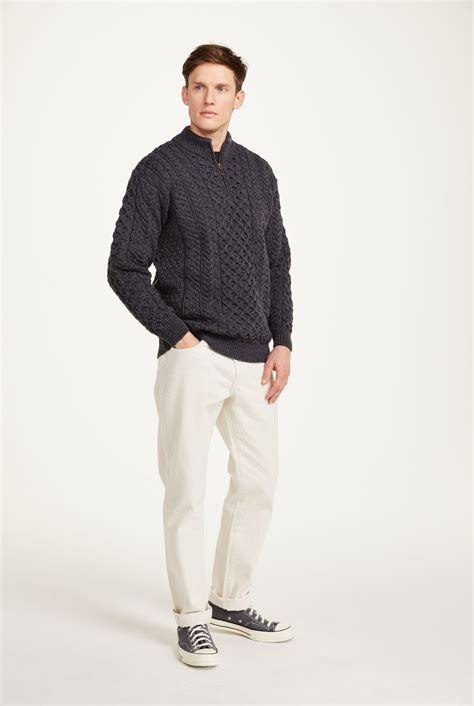 Ballycroy Mens Aran Half Zip Sweater - Grey