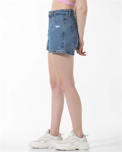 Blue High Rise Distressed Denim Shorts