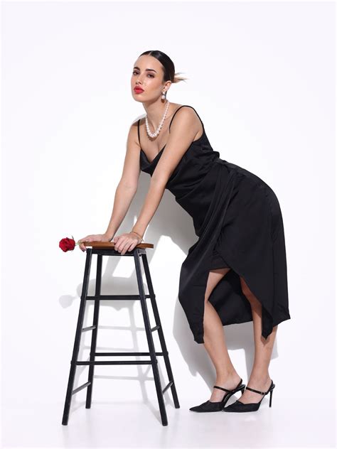 Bold Women's Black Cowl Neck Satin Slip On Draped Dress | Showoffff