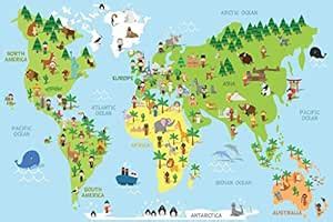 Cartoon World Map Children Animals Monuments Educational Cool Huge ...