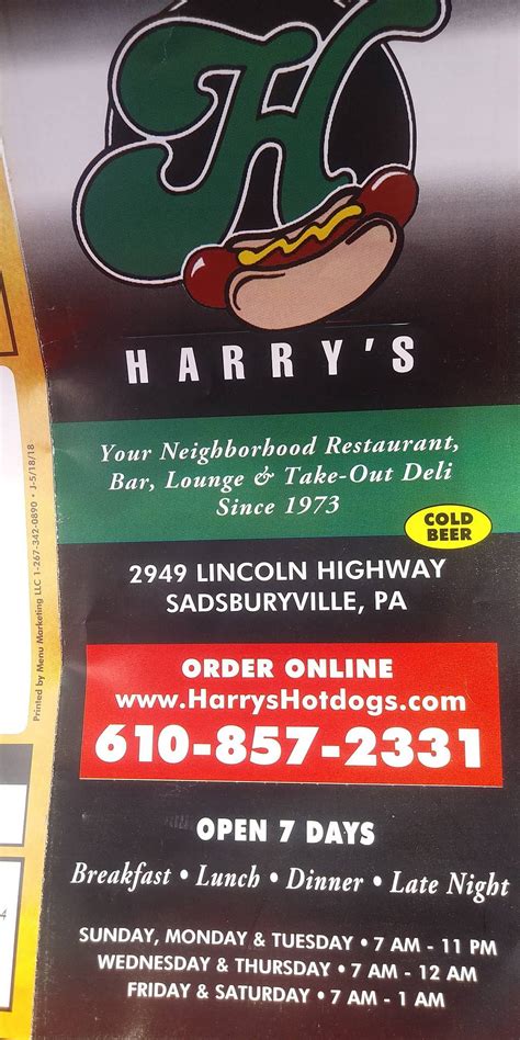 Menu at Harry's Hotdogs restaurant, Sadsburyville